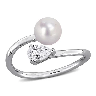 Julianna B Sterling Silver Created White Sapphire & 6-6.5mm Pearl Ring