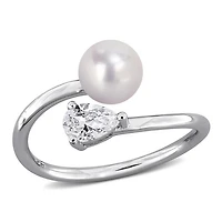 Julianna B Sterling Silver Created White Sapphire & 6-6.5mm Pearl Ring