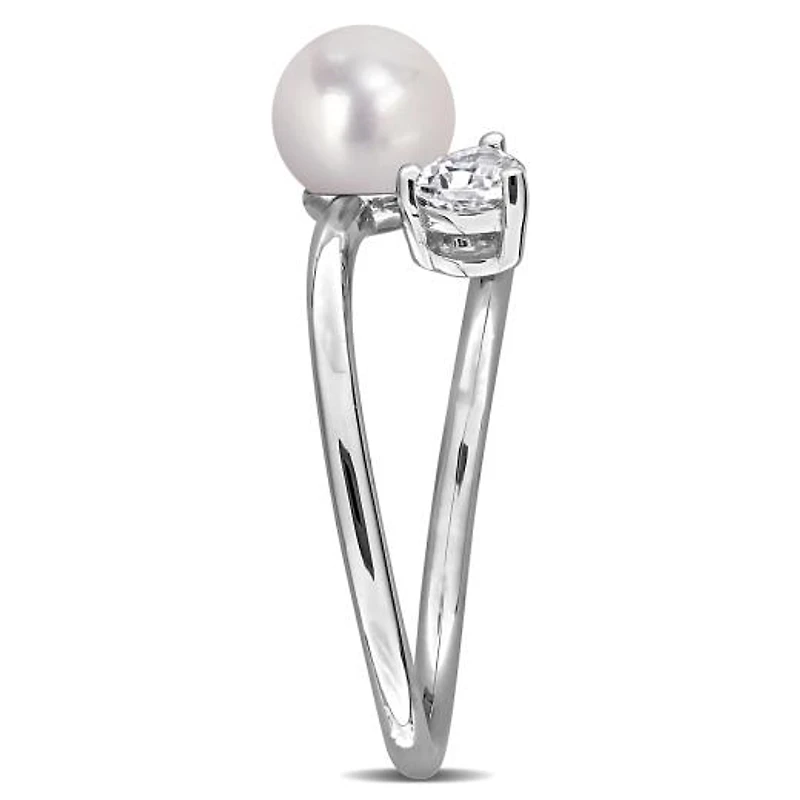 Julianna B Sterling Silver Created White Sapphire & 6-6.5mm Pearl Ring