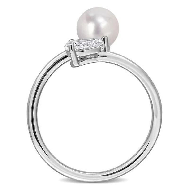 Julianna B Sterling Silver Created White Sapphire & 6-6.5mm Pearl Ring