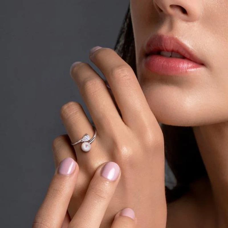 Julianna B Sterling Silver Created White Sapphire & 6-6.5mm Pearl Ring