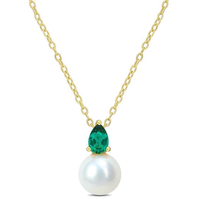 Julianna B Yellow Plated Sterling Silver Created Emerald & 8.5-9MM Pearl Pendant