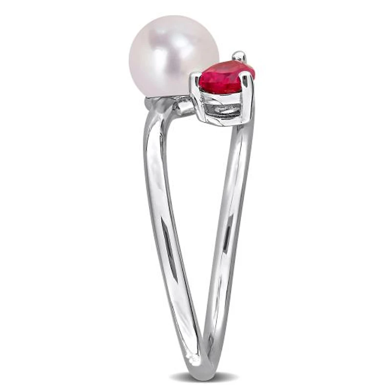 Julianna B Sterling Silver Created Ruby & 6-6.5mm Pearl Ring