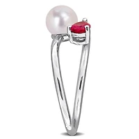 Julianna B Sterling Silver Created Ruby & 6-6.5mm Pearl Ring