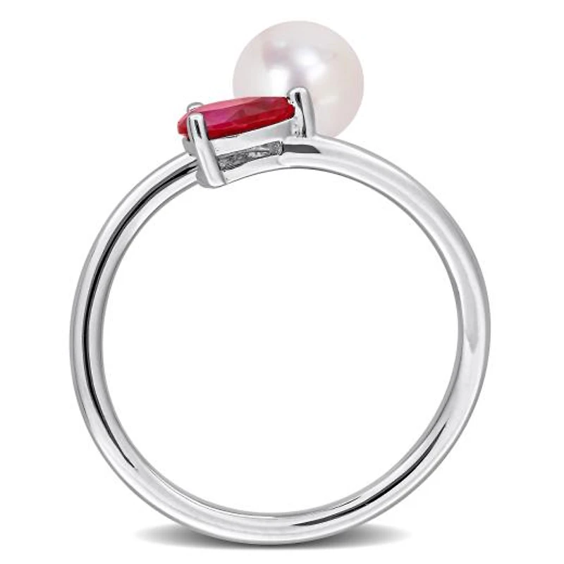 Julianna B Sterling Silver Created Ruby & 6-6.5mm Pearl Ring