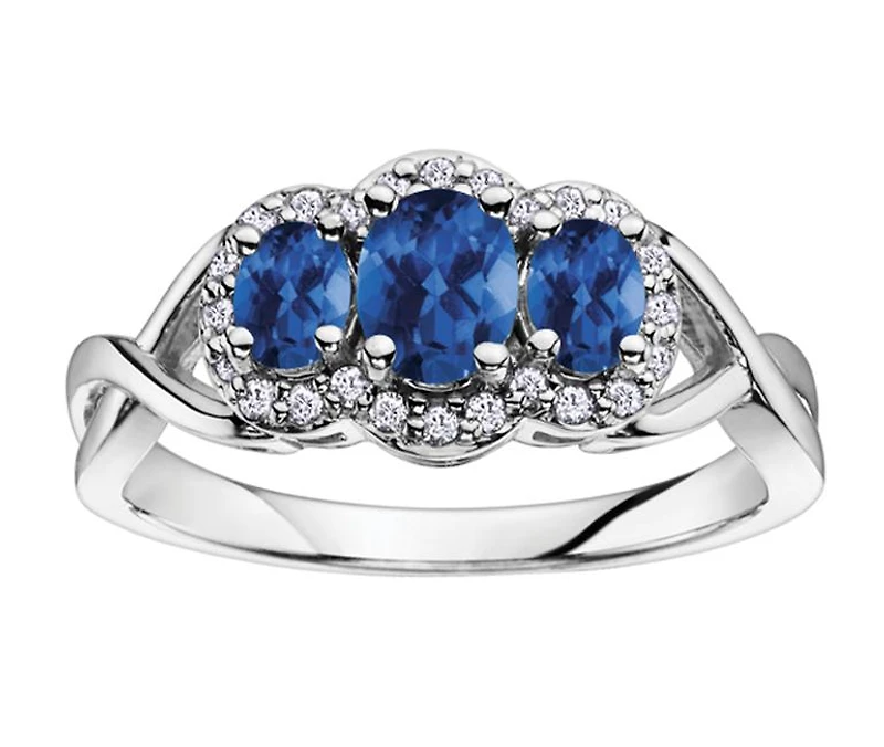 10K White Gold Diamond 0.10CTW & Blue Sapphire Fashion Ring