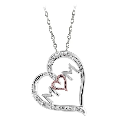 Sterling Silver & Rose Gold Diamond Mom Heart Pendant