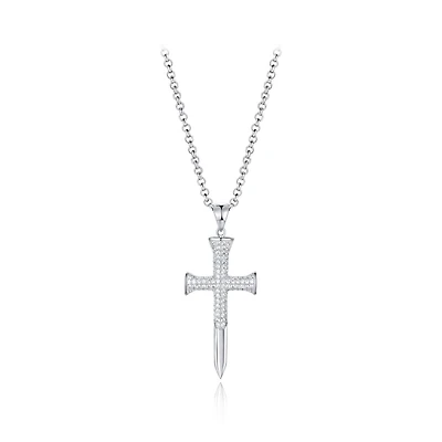 Sterling Silver Men's Cubic Zirconia Cross Pendant On Chain