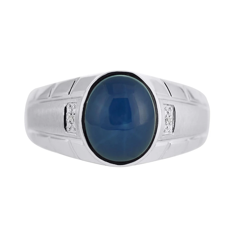 Sterling Silver Created Blue Star Sapphire & Diamond Ring