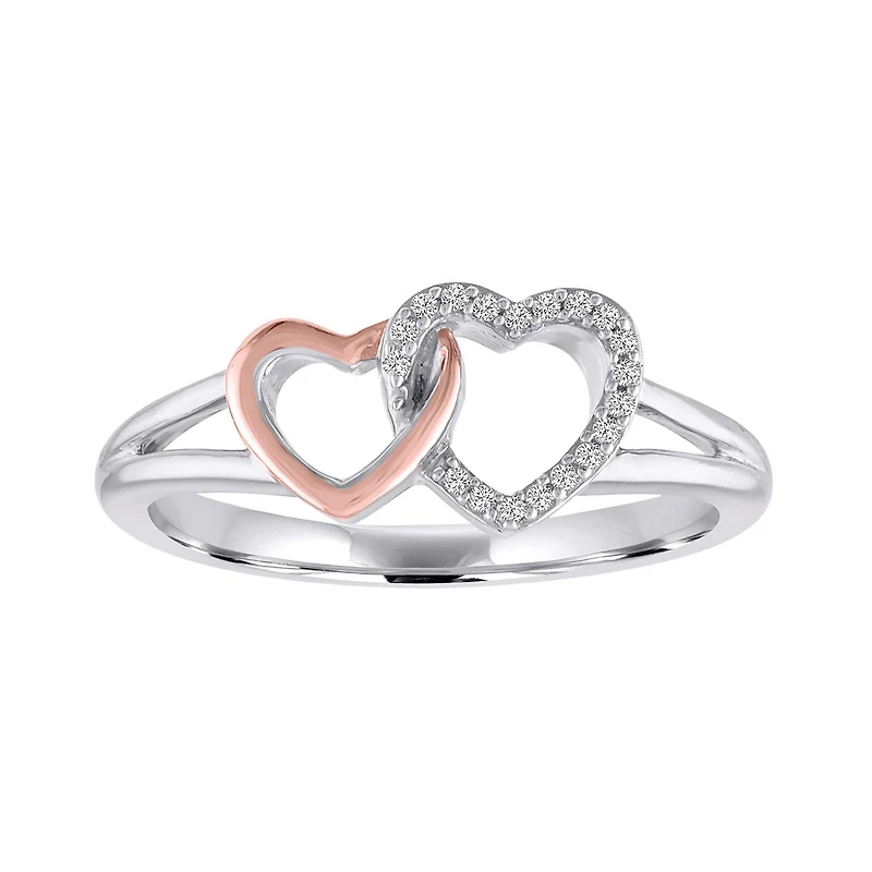 Sterling Silver 10K Rose Gold Plated Diamond Heart Ring