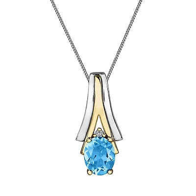 10K White & Yellow Gold Blue Topaz & 0.008CTW Diamond Pendant with Chain