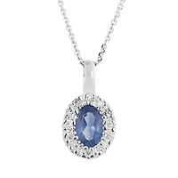 10K White Gold Sapphire & 0.05CTW Diamond Halo Pendant