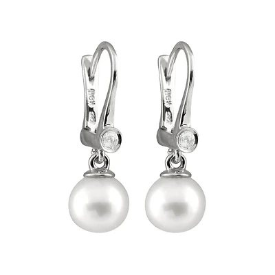 14K White Gold 7-7.5mm Round Freshwater Pearl & Diamond Earrings