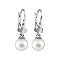 14K White Gold 7-7.5mm Round Freshwater Pearl & Diamond Earrings