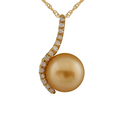 14K Yellow Gold 10mm Golden South Sea Pearl & Diamond Pendant