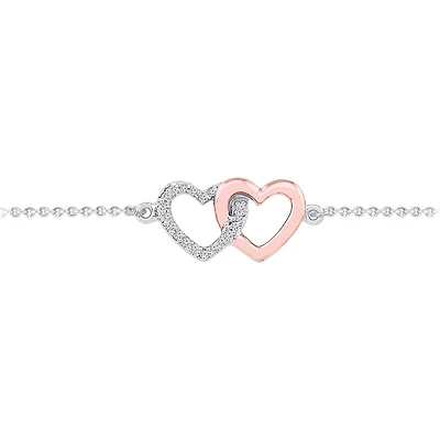 Sterling Silver 10K Rose Gold Diamond Heart Bracelet