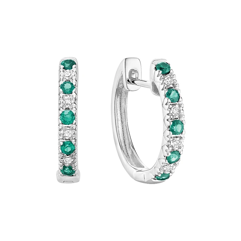 10K White Gold Emerald and 0.04CTW Diamond Earrings