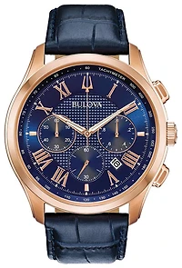 Bulova Men's Rose Gold Blue Dial Blue Leather Strap Classic Watch
