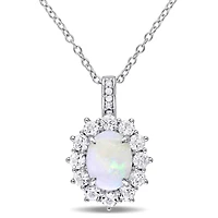 Julianna B Sterling Silver Opal White Topaz & Diamond Halo Pendant with Chain