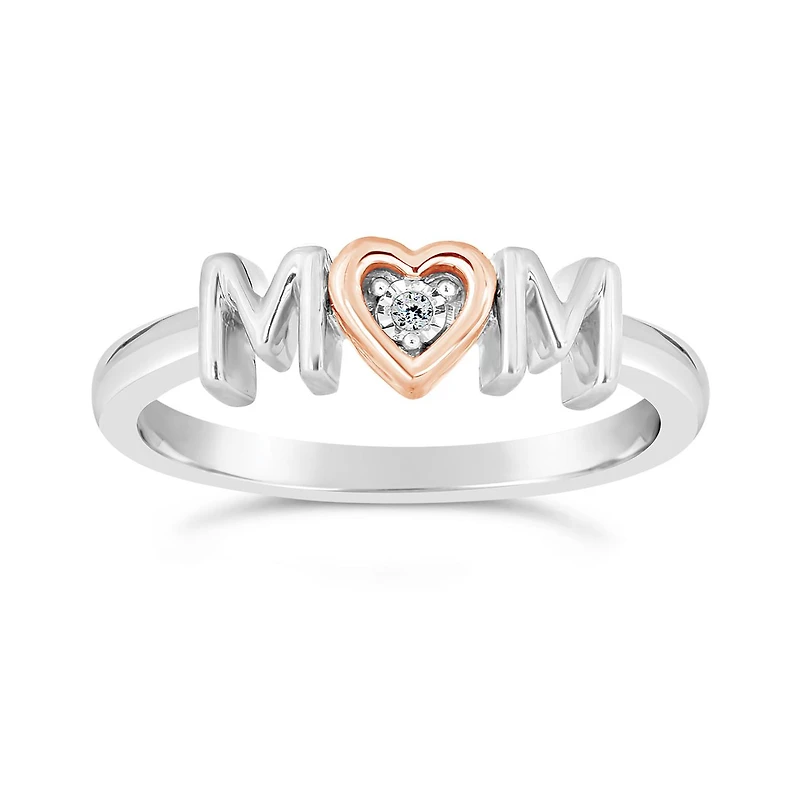 Sterling Silver 10K Rose Gold Diamond Mom Heart Ring