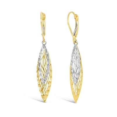 10K Yellow and White Gold Diamond Cut Dangle Earrings