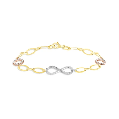 10K Yellow Gold White Gold and Rose Gold Cubic Zirconia Infinity Bracelet