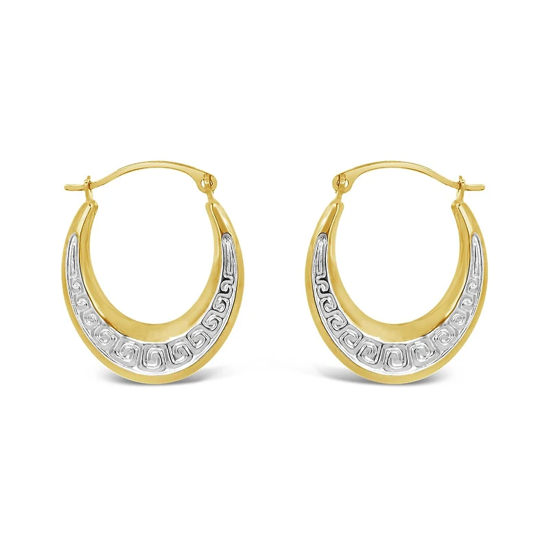 10K Yellow and White Gold Patterned Oval Creole Earrings