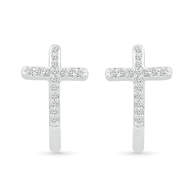 10K White Gold 0.10CTW Diamond Cross Earrings