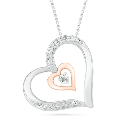 Sterling Silver & 10K Rose Gold 0.03CTW Diamond Heart Pendant