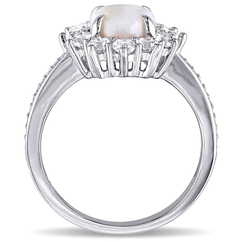 Julianna B Sterling Silver Opal and 0.10CTW Diamond White Topaz Halo Ring