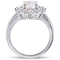 Julianna B Sterling Silver Opal and 0.10CTW Diamond White Topaz Halo Ring