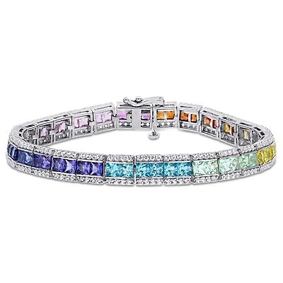 Julianna B Sterling Silver Multi-Colour Created Sapphire Tennis Bracelet