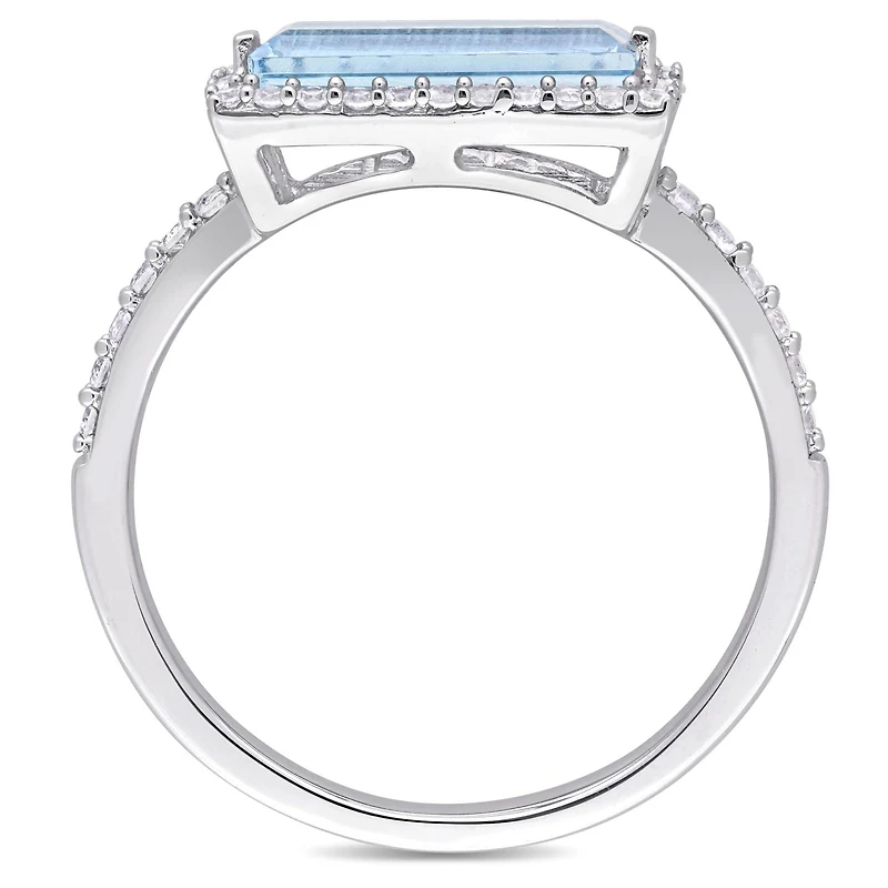 Julianna B Sterling Silver Baguette-Cut Blue Topaz and White Sapphire Halo Ring