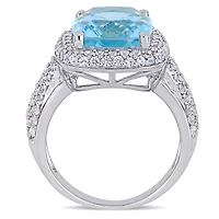 Julianna B Sterling Silver Cushion Cut Blue Topaz & Created White Sapphire Ring