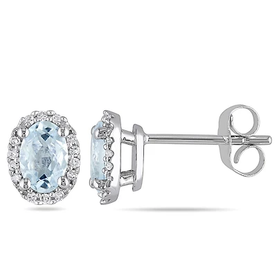 Julianna B 10K White Gold Oval Aquamarine and 0.084CTW Diamond Halo Earrings