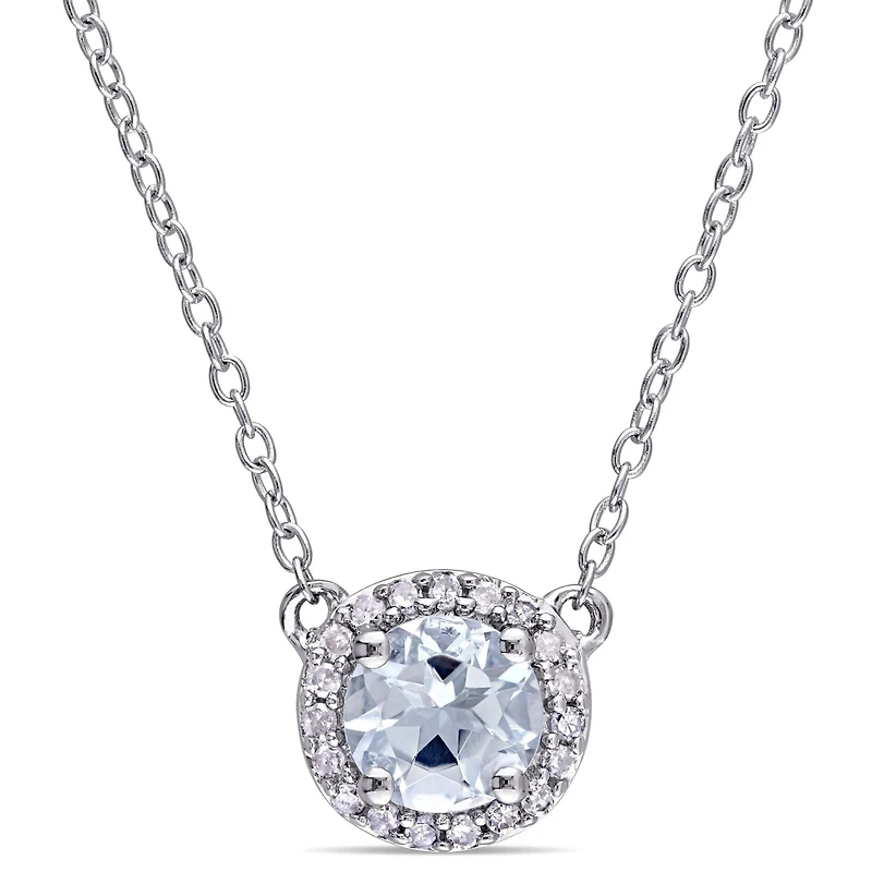 Julianna B Sterling Silver 0.10CTW Diamond and Aquamarine Halo Necklace