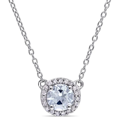 Julianna B Sterling Silver 0.10CTW Diamond and Aquamarine Halo Necklace
