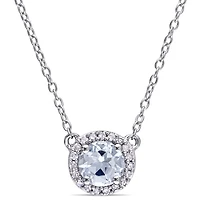 Julianna B Sterling Silver 0.10CTW Diamond and Aquamarine Halo Necklace