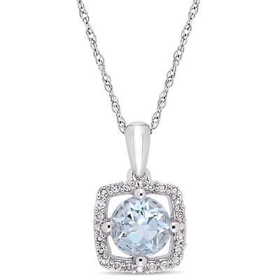 Julianna B 10K White Gold Aquamarine and Diamond Square Halo Pendant with Chain