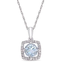 Julianna B 10K White Gold Aquamarine and Diamond Square Halo Pendant with Chain