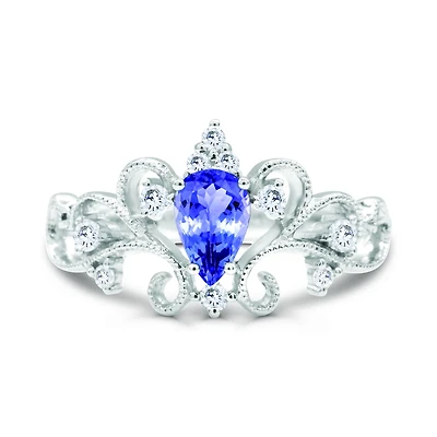 10K White Gold Tanzanite & Diamond Crown Ring