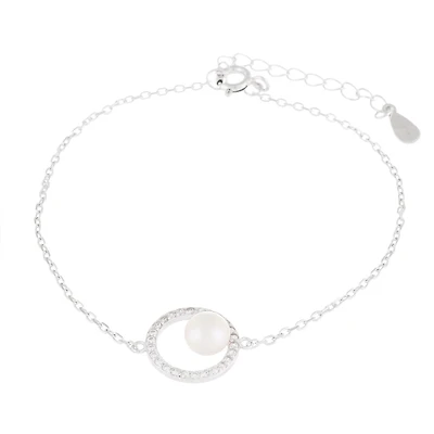Sterling Silver 6-6.5mm Pearl Halo Bracelet