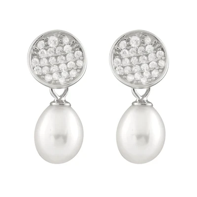 Sterling Silver 7.5-8mm White Freshwater Pearl Cubic Zirconia Earrings