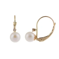14K Yellow Gold 5-6mm Pearl & Diamond Accented Leverback Earrings