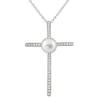 Sterling Silver Micropave Cubic Zirconia & 8-8.5mm Pearl Crucifix