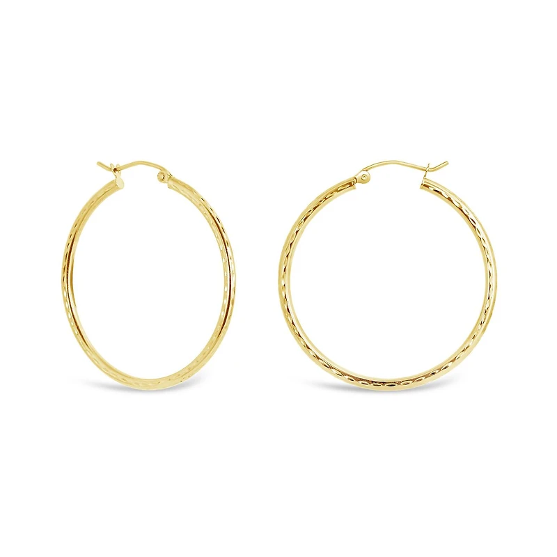 10K Yellow Gold 2x30mm Diamond Cut Hoop Earrings