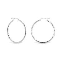 10K White Gold 2x30mm Diamond Cut Hoop Earrings