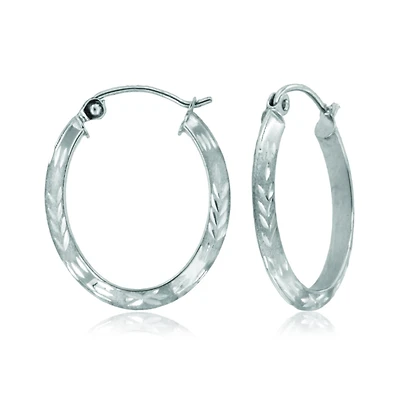 10K White Gold Diamond Cut Oval Hoop Earrings