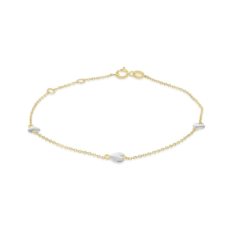 10K Yellow and White Gold 7.5" 3 Stations Heart Bracelet