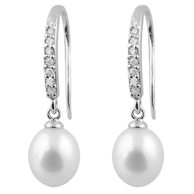 Sterling Silver 7-8mm White Freshwater Pearl & Cubic Zirconia Hook Earrings